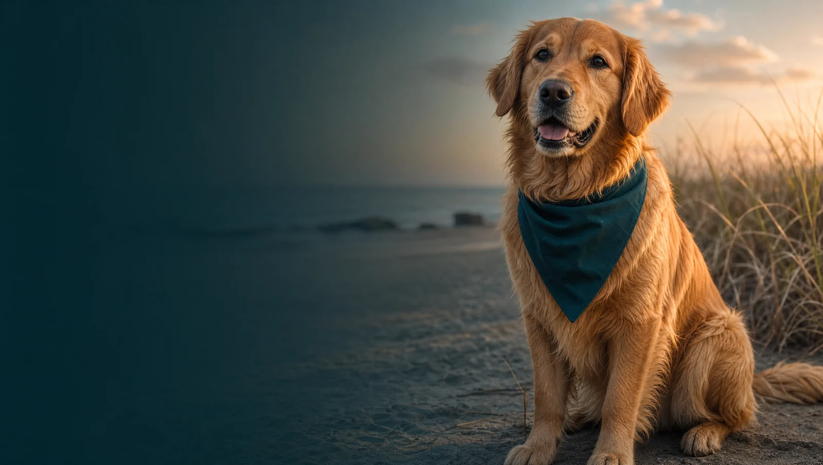 Golden retriever in a coastal campaign scene
