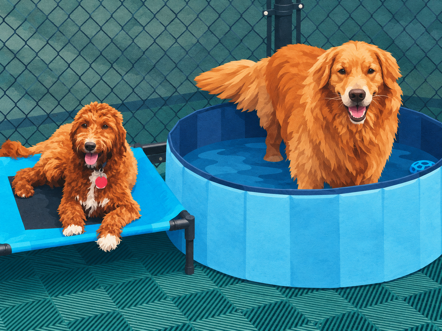 Illustration of Seaside dogs in the pool and on a raised bed